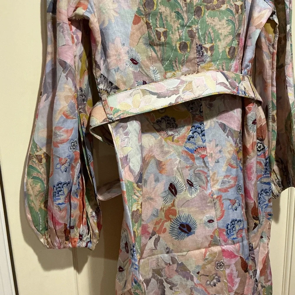 NWOT Zimmermann Belted Floral Print Linen Mini Dress Pastel Sz 3 - Picture 11 of 16